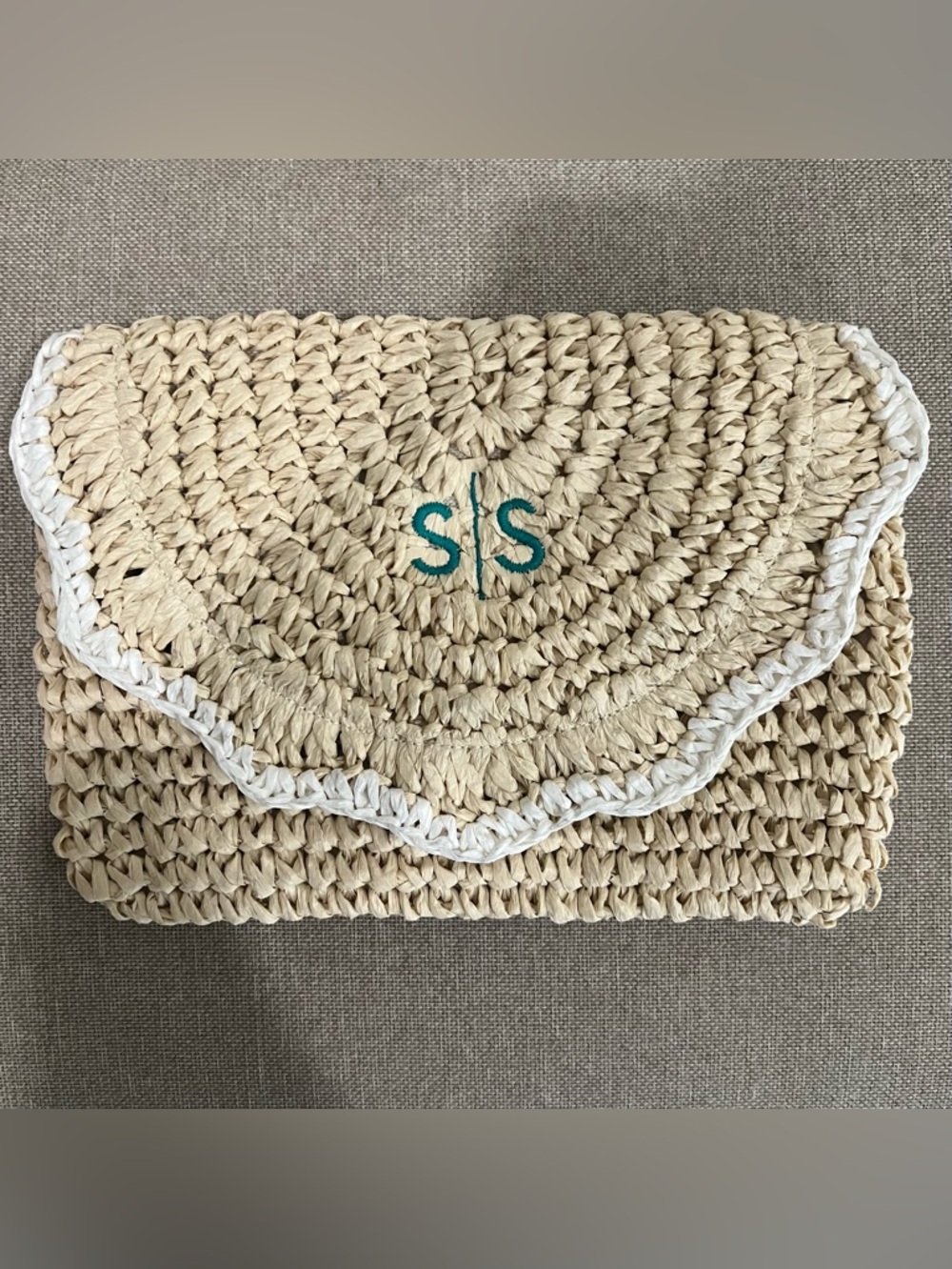 Scalloped straw monogramed clutch mark & graham straw made monogramed S